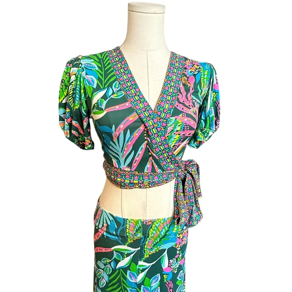 Lilly Pulitzer 2 Piece Tropical Wrap Crop Top Maxi Skirt Set XXS Floral Resort